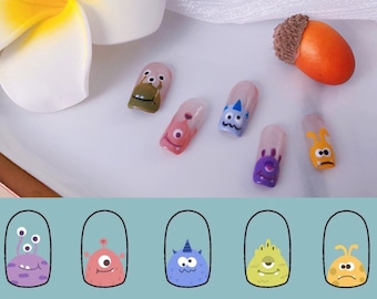 Cute Colorful Monster Press on Nails || Handmade, Reusable, French Tips, Fake Nails, Trendy Nails, Summer Nails