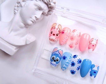 Cute Cartoon Stitch & Angel Press on Nails || Handmade, Reusable, Fake Nails, Trendy Nails, Summer Nails, Cartoon, Colorful, Fall Nails
