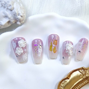 Purple Floral Blossom Press on Nails || Handmade, Reusable, Fake Nails, Trendy Nails, Summer Nails, Fall Nails, Purple Nails, Pearl Nails