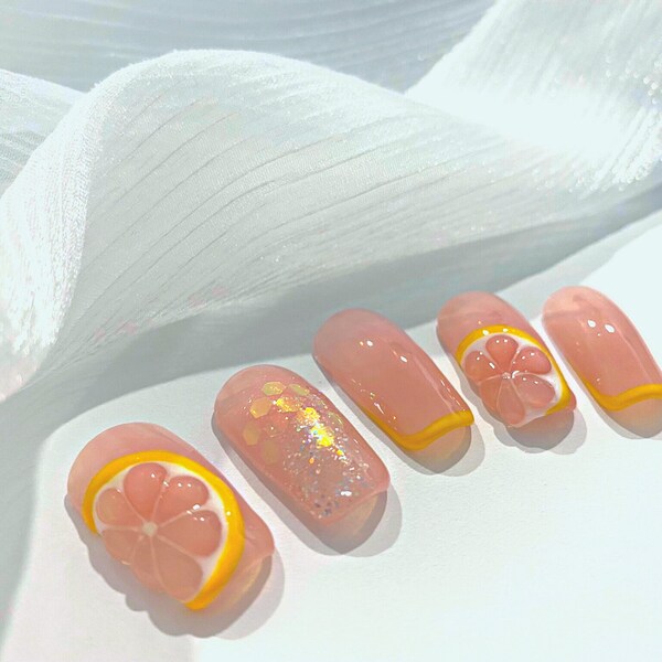 3D Summer Citrus Orange Press on Nails || Handmade, Reusable, French Tips, Fake Nails, Trendy Nails, Summer Nails, Orange Nails, Sheer Nails