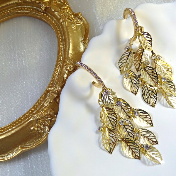 Golden Leaf Dangle Earrings || Shiny Rhinestone, Gold-color Earrings, Dangling, Elegant, Unique, Fashionable