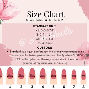 May include: Size chart for custom and standard nail sizes. The chart shows the size of each nail in millimeters and the corresponding number. The chart also includes a description of how to order custom nail sizes.