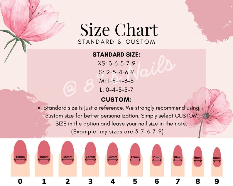May include: Size chart for custom and standard nail sizes. The chart shows the size of each nail in millimeters and the corresponding number. The chart also includes a description of how to order custom nail sizes.