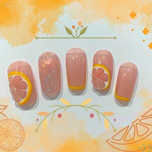 3D Summer Citrus Orange Press on Nails || Handmade, Reusable, French Tips, Fake Nails, Trendy Nails, Summer Nails, Orange Nails, Sheer Nails image 3