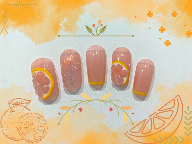 3D Summer Citrus Orange Press on Nails || Handmade, Reusable, French Tips, Fake Nails, Trendy Nails, Summer Nails, Orange Nails, Sheer Nails image 3