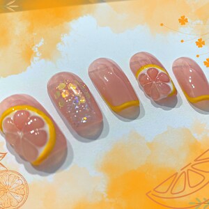 3D Summer Citrus Orange Press on Nails || Handmade, Reusable, French Tips, Fake Nails, Trendy Nails, Summer Nails, Orange Nails, Sheer Nails image 4