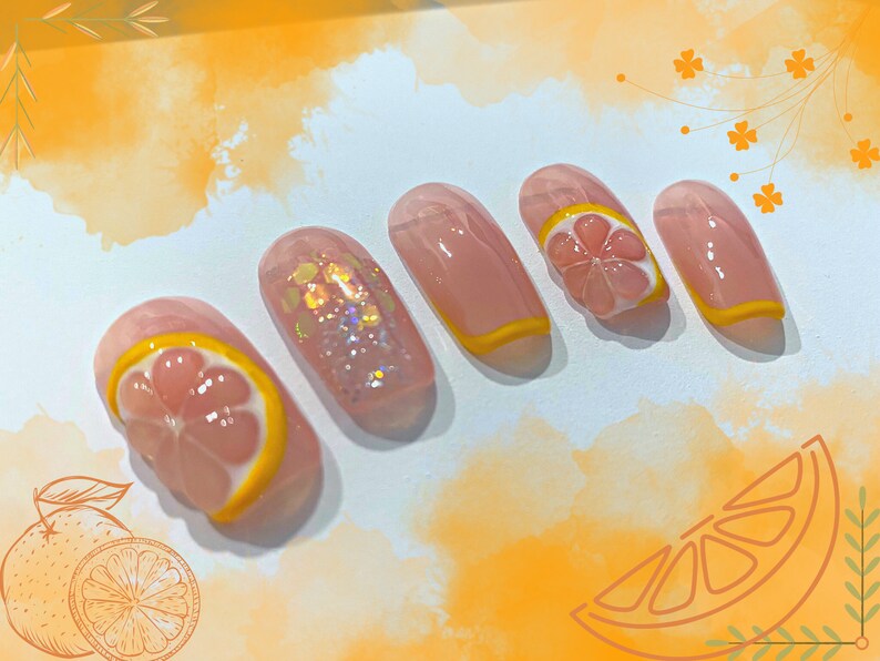 3D Summer Citrus Orange Press on Nails || Handmade, Reusable, French Tips, Fake Nails, Trendy Nails, Summer Nails, Orange Nails, Sheer Nails image 4