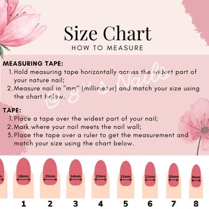 May include: A size chart for nail tips, showing ten different sizes ranging from 8mm to 18mm. The chart includes a guide on how to measure your natural nail using a measuring tape or a tape measure.