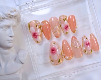 Pink Floral Blossom Press on Nails || Handmade, Reusable, Fake Nail, Trendy Nail, Summer Nail, Pink Nail, Beach, Floral Nail, Fall Nails