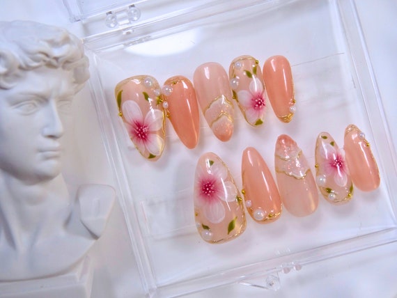 Pink Floral Blossom Press on Nails || Handmade, Reusable, Fake Nail, Trendy Nail, Summer Nail, Pink Nail, Beach, Floral Nail, Fall Nails