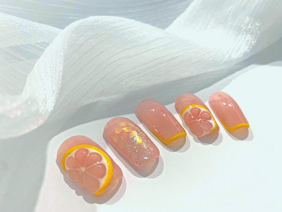 3D Summer Citrus Orange Press on Nails || Handmade, Reusable, French Tips, Fake Nails, Trendy Nails, Summer Nails, Orange Nails, Sheer Nails