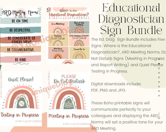 Educational Diagnostician Boho Rainbow Sign Bundle (Where is Ed. Diag?, ARD Meeting Norms, Do Not Disturb Signs)