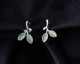 Opal Green Leaf Clip on Studs, Clip on Earrings, Green Opal Leaf clip on, Sliver Olive Leaf Branch Clip on Earrings, Garden Lover Gift