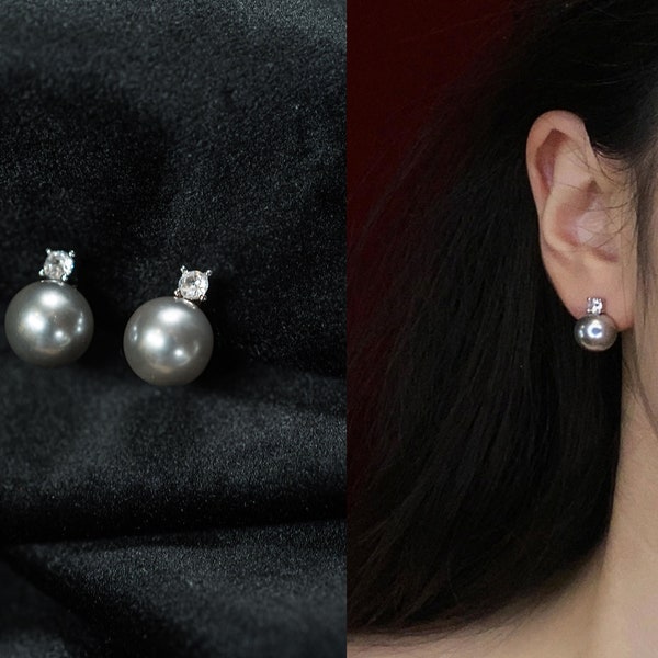 Grey Pearl Clip on Earrings,  10mm/12mm Round Grey Pearl Clip on Studs, No Piercing Earrings, Pearl Ear Cuff, Birthday Gift, Wedding Clip on