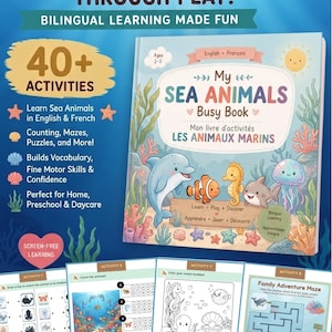 May include: A bilingual educational busy book titled My Sea Animals Busy Book, featuring illustrations of a dolphin, clownfish, seahorse, shark, and jellyfish. The cover includes text in English and French, with activity pages showing mazes, counting, and coloring tasks for children ages 2-5.