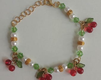 Handmade Cherry Charm Bracelet with Pearls and Glass Beads, Summer Fruit Bracelet