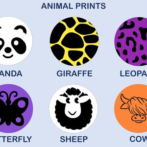 May include: A collection of six circular icons labeled ANIMAL PRINTS. The icons feature a panda face, a yellow and black giraffe pattern, a purple and black leopard print, a black butterfly silhouette, a white and black sheep, and an orange cow.
