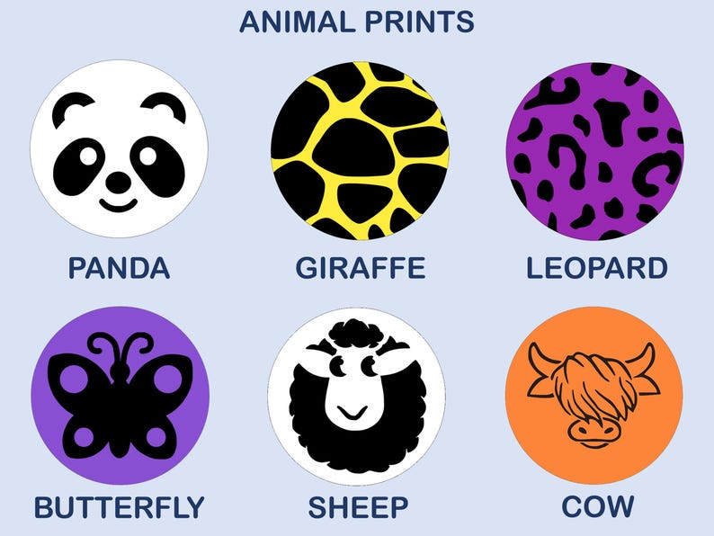 May include: A collection of six circular icons labeled ANIMAL PRINTS. The icons feature a panda face, a yellow and black giraffe pattern, a purple and black leopard print, a black butterfly silhouette, a white and black sheep, and an orange cow.