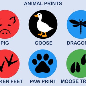 May include: A graphic chart titled ANIMAL PRINTS featuring six circular icons. The top row shows a red pig face, a black goose, and a blue dragonfly. The bottom row displays red chicken feet, a blue paw print, and green moose tracks.