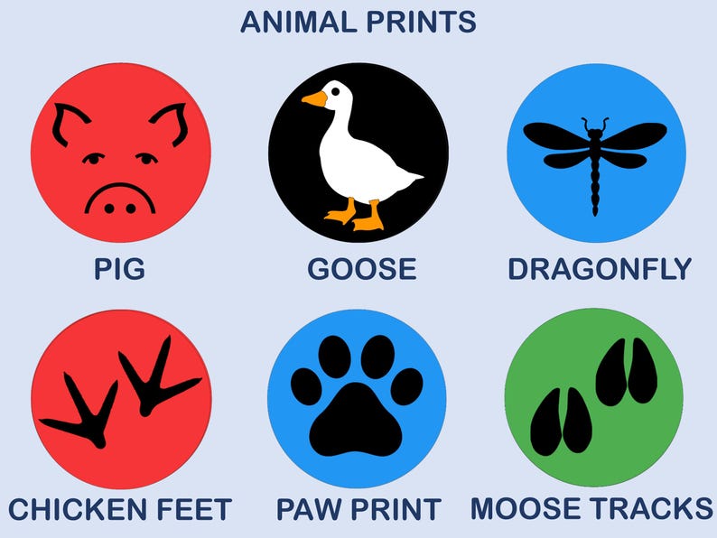 May include: A graphic chart titled ANIMAL PRINTS featuring six circular icons. The top row shows a red pig face, a black goose, and a blue dragonfly. The bottom row displays red chicken feet, a blue paw print, and green moose tracks.
