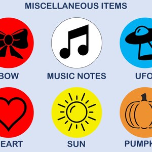 May include: A graphic display titled MISCELLANEOUS ITEMS featuring six circular icons: a black bow on red, a music note on white, a black UFO on blue, a black heart on red, a black sun on yellow, and a black pumpkin on orange, with labels below.