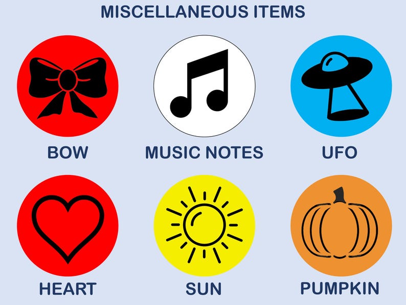 May include: A graphic display titled MISCELLANEOUS ITEMS featuring six circular icons: a black bow on red, a music note on white, a black UFO on blue, a black heart on red, a black sun on yellow, and a black pumpkin on orange, with labels below.
