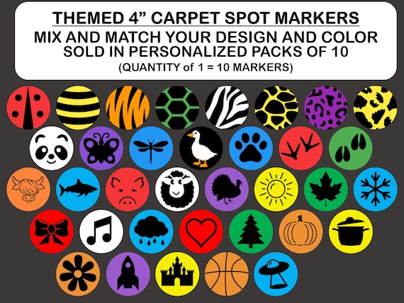 Themed 4" Classroom Carpet Markers Sit Spots (Pick your design & color - 10 pcs)