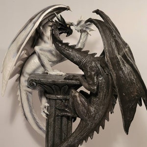 Gothic Black Dragon and White Dragon Perched on a Pedestal Large Statue Figurine