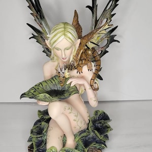 Green and Yellow Garden Fairy with Brown Dragon Familiar Large Statue Figurine