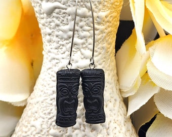 Black Tiki Earrings, Handmade Tiki Earrings, Black Drop Earrings, Hula, Luau, Tiki and Silver Earrings