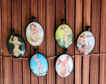 Pinup Girl Necklaces, Hula Girl Pendants, Retro Necklace, Pinup Accessories, Pinup Fashion, Cabochon, Pendant, MCM Necklace, MCM Jewelry