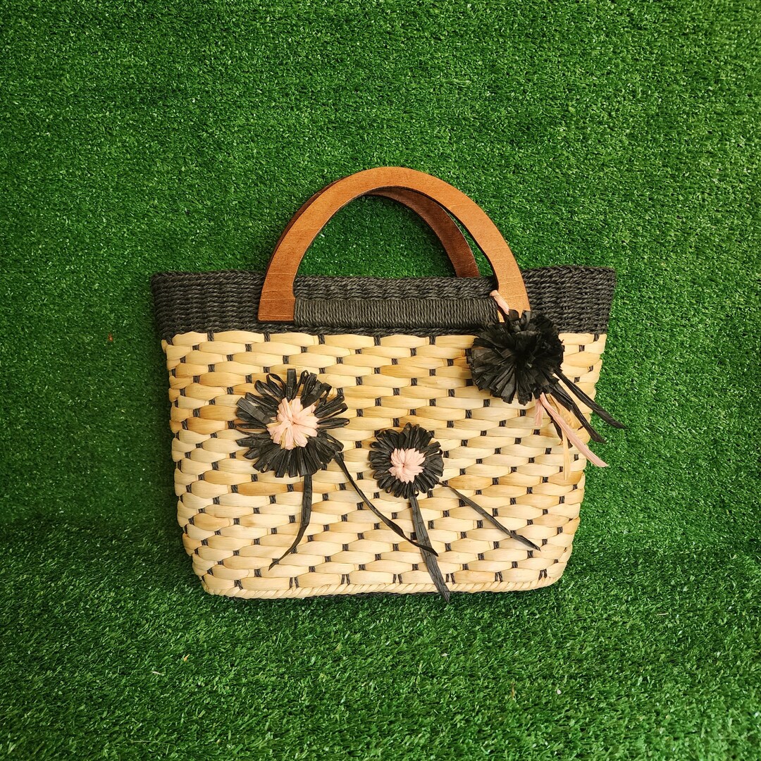 Vintage Straw Bag, Corn Husk Bag, Black Straw Bag, Natural Straw Bag