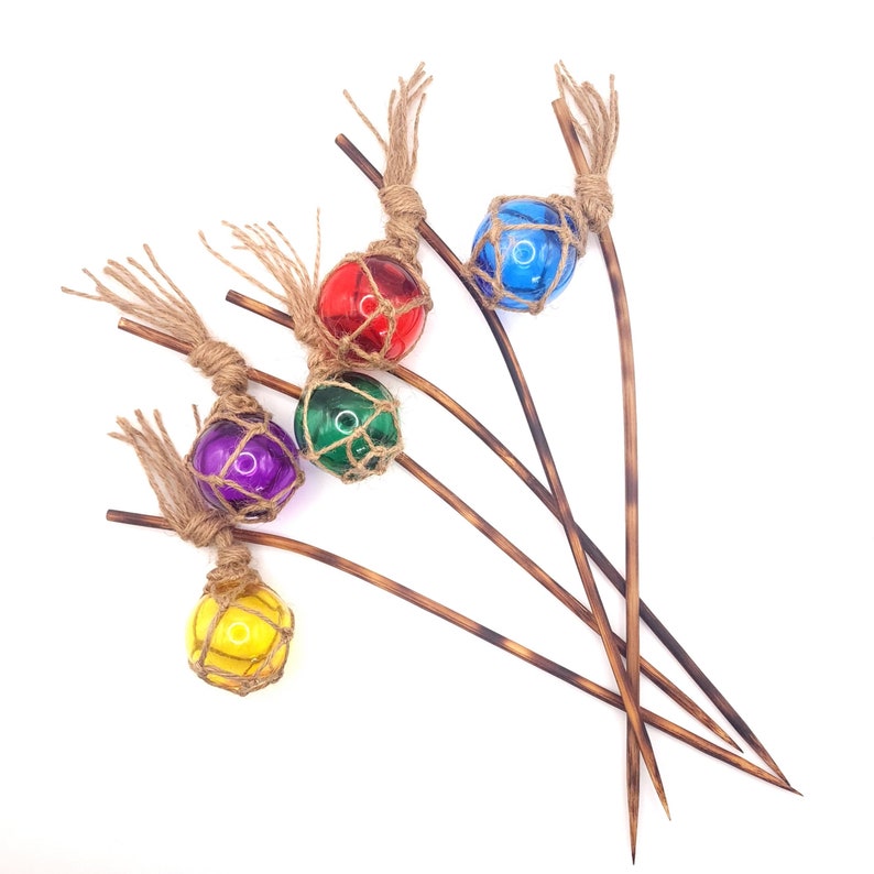 Fishing Float Tiki Swizzle Sticks: Handwoven Hemp, Bamboo immagine 1