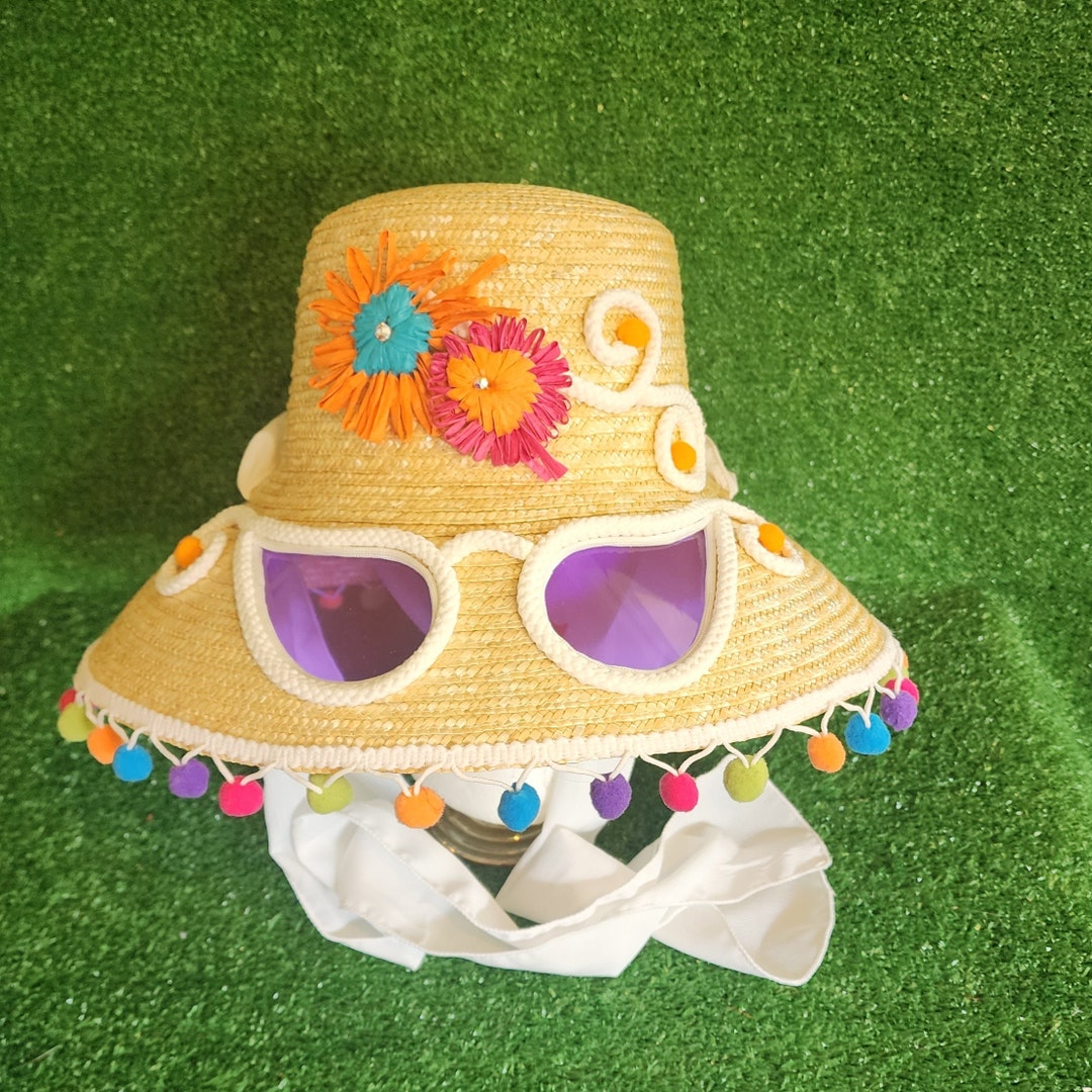 Sunglasses Hat, Cat Eye, Glasses Hat, 60's Straw Hat, Luau Hat, Beach Hat, Beach Party Hat
