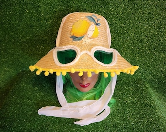 Straw Sunhat with Cat Eye Sunglasses, Lemon Applique, Pom Trim, MCM Style
