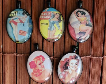 Pinup Girl Necklaces, Hula Girl Pendants, Retro Necklace, Pinup Accessories, Pinup Fashion, Cabochon, Pendant, MCM Necklace, MCM Jewelry