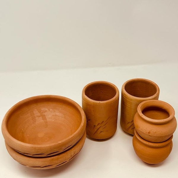 Clay Beverage Set (6 pcs UNGLAZED White Clay) 2 Clay Glass, 2 Clay Tea Cups, 2 Clay Soup Bowls