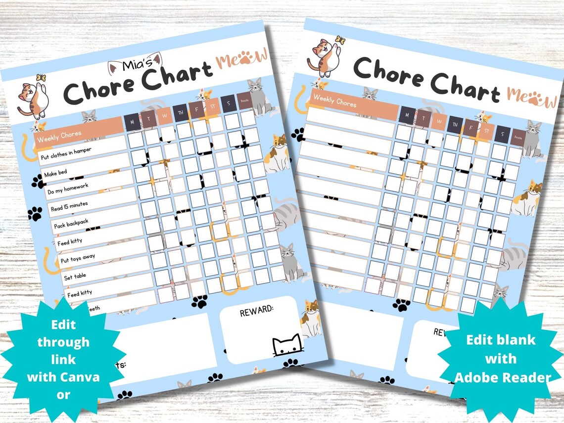 EDITABLE Kitty Cat Chore Chart Printable Pets Reward Points - Etsy