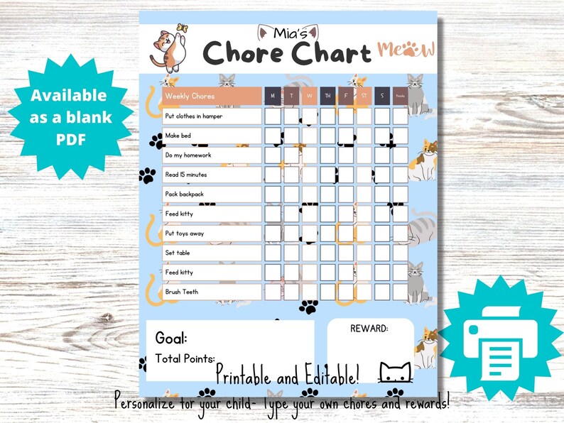 EDITABLE Kitty Cat Chore Chart, Printable Pets Reward Points Chart ...