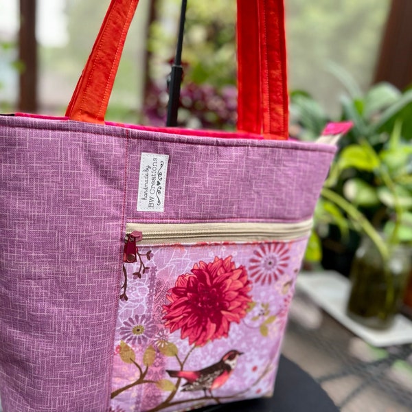 Handmade Zippered Cotton Canvas Tote w Front Pocket -Medium Size for Travel, Shopping, Book Bag, Colorful Fashion Accessory - Purple Sparrow