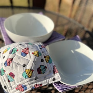 Reversible Microwave Bowl Cozies - Set of 3 sizes - Fun Cotton Prints - Purple Stripes and Cupcakes