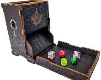 Dice Tower for Dungeons and Dragons Tower with Tray Wood Laser Etched DND Portable and Collapsible Dice Roller Perfect for Board Game table