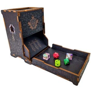 Dice Tower for Dungeons and Dragons Tower with Tray Wood Laser Etched DND Portable and Collapsible Dice Roller Perfect for Board Game table