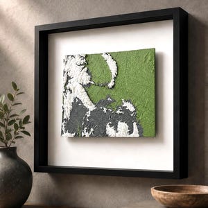May include: A square black shadow box frame containing a textured relief map artwork. The map features raised white topographical elements against contrasting green and dark gray sections, all set against a plain white background within the frame.