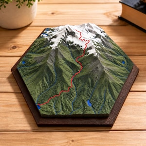 May include: A hexagonal 3D topographic model of a mountain featuring green slopes, white snow-capped peaks, and small blue lakes. A distinct red line traces a winding path up the mountain, while thin blue lines indicate drainage patterns on the terrain.