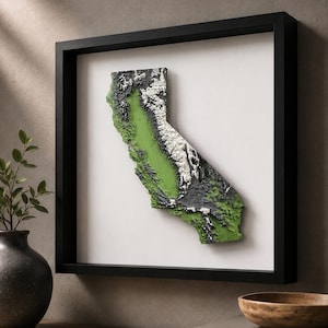 May include: A framed 3D relief map of California featuring a vibrant green central valley, dark grey mountainous regions, and white textured peaks, all encased in a simple black square frame against a plain white background.