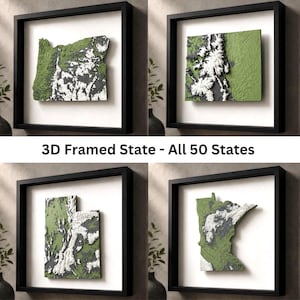 May include: Four square black frames containing 3D relief maps of different US states. Each map features green, white, and dark gray textures representing terrain. The text 3D Framed State - All 50 States is centered between the four framed displays.