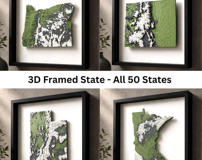 Any State 3D Printed Topographic Map – Raised Relief Wall Art, Unique Home & Office Decor, Dorm Room Accent, Geography Gift
