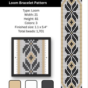 Puede incluir: Un patrón de brazalete de telar floral negro y dorado. El patrón incluye una tabla de colores, un diseño de brazalete terminado y muestras de color. El tamaño final es de 2,8 x 13,7 cm.