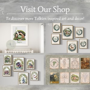 May include: A collection of framed prints featuring illustrations inspired by the Lord of the Rings. The prints feature scenes from the books, including the Shire, the One Ring, and the Ents. The prints are all in a similar style, with a watercolor look and a whimsical feel.